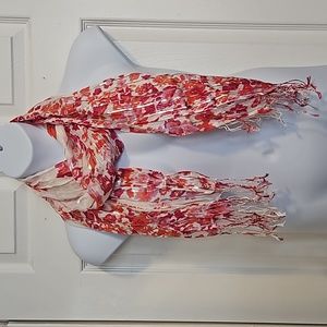 White, pink, orange and silver, floral, sheer scarf with fringe.